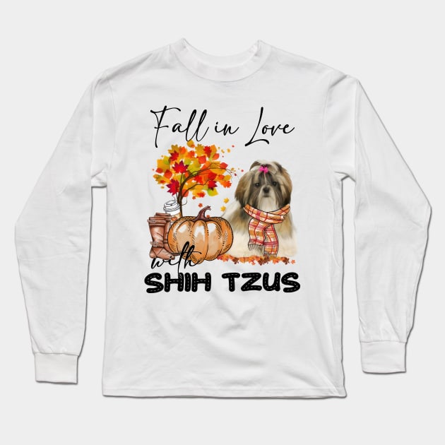 Fall In Love With Shih Tzus Fall Pumpkin Thanksgiving Long Sleeve T-Shirt by Gearlds Leonia